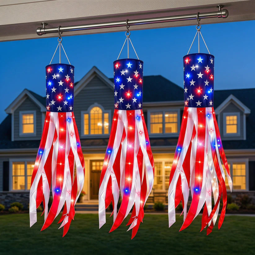 💈💈3 Pack 50 Inch Large American Flag Windsocks with Red White Blue Lights - Image 2