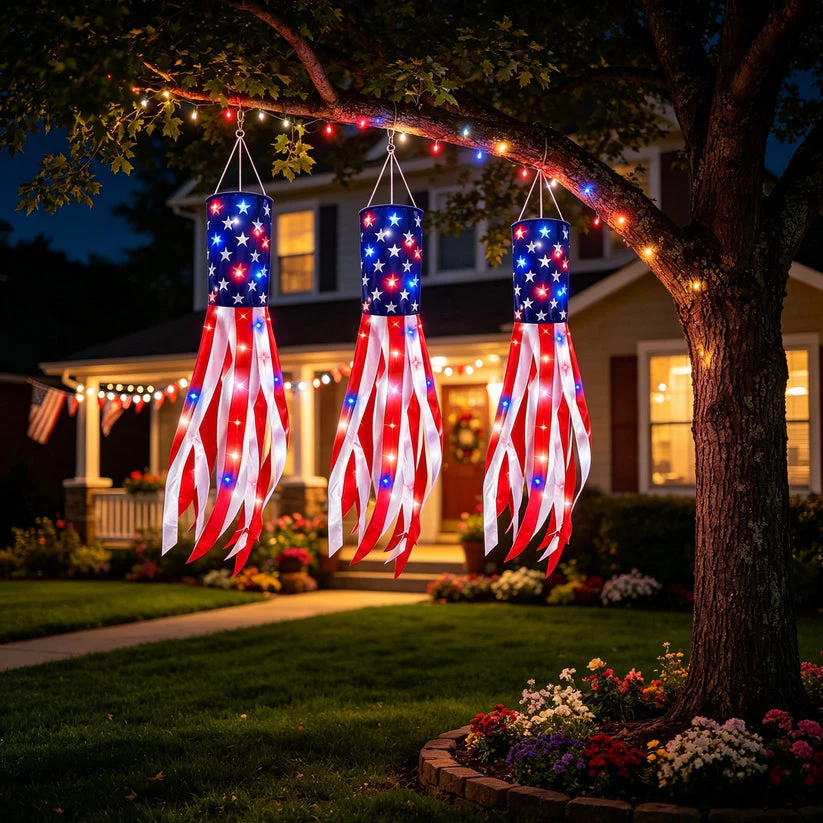 💈💈3 Pack 50 Inch Large American Flag Windsocks with Red White Blue Lights - Image 4