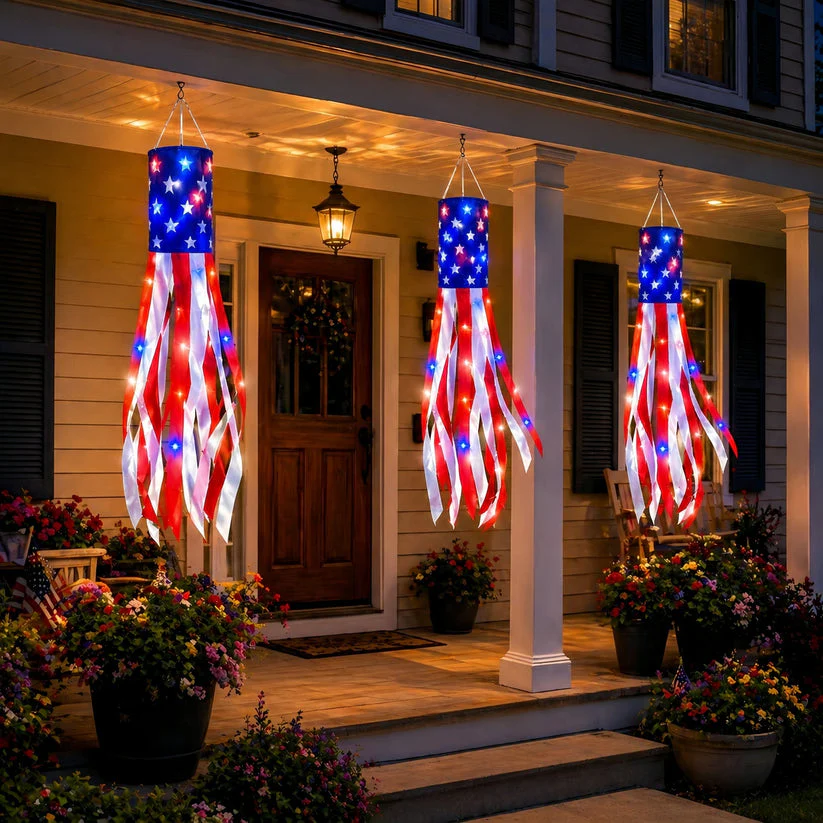💈💈3 Pack 50 Inch Large American Flag Windsocks with Red White Blue Lights - Image 6