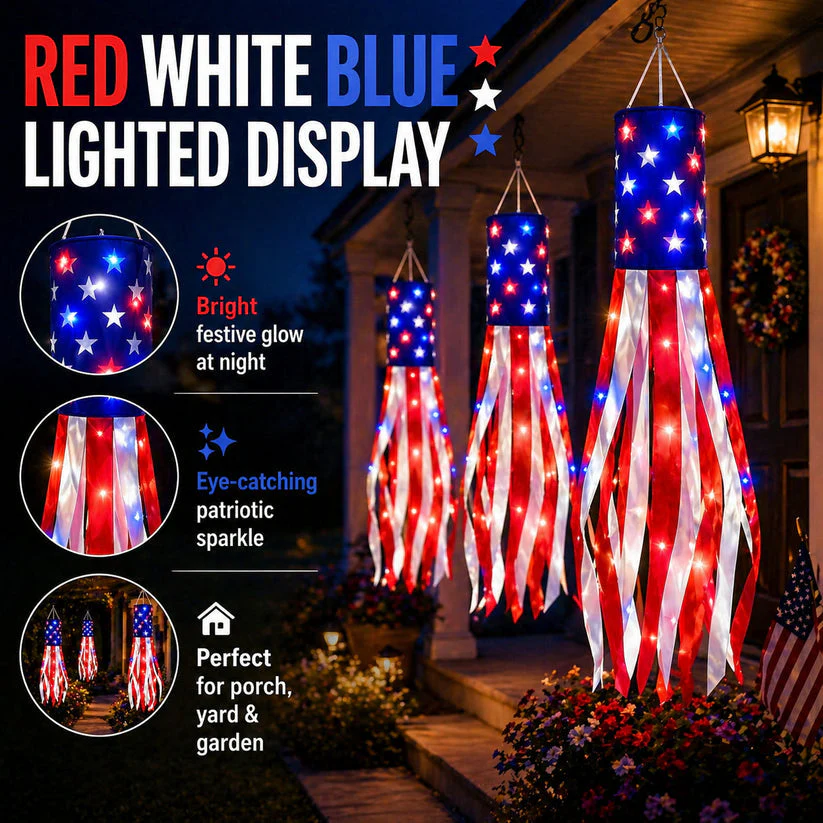 💈💈3 Pack 50 Inch Large American Flag Windsocks with Red White Blue Lights - Image 8