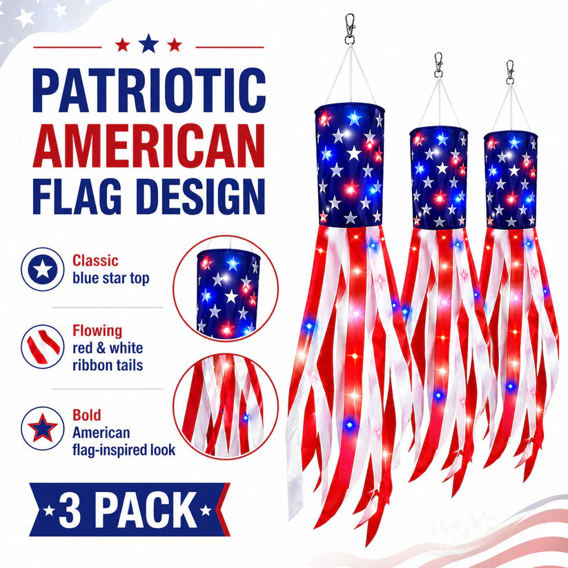 💈💈3 Pack 50 Inch Large American Flag Windsocks with Red White Blue Lights - Image 9