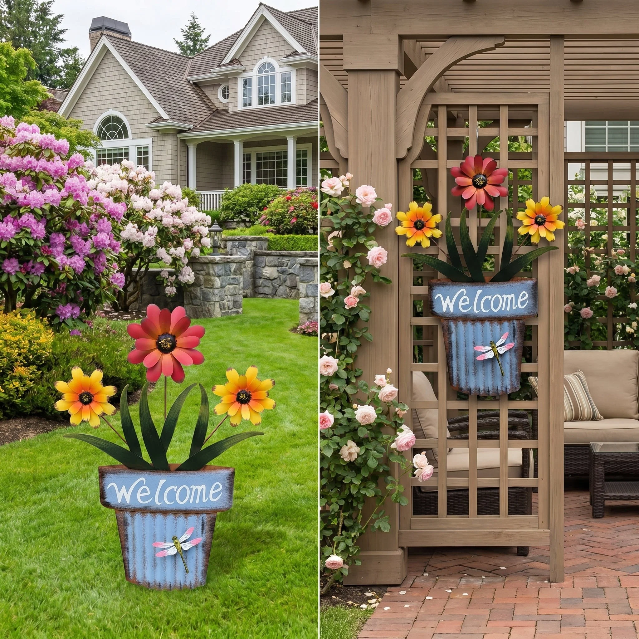 🔥Summer Hot Sale🌻Welcome Flower Pot Metal Garden Decor, Hangable & Stakeable Yard Art - Image 2