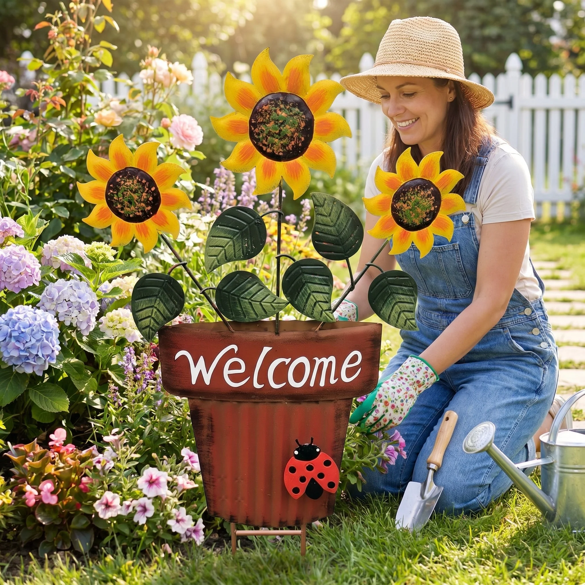 🔥Summer Hot Sale🌻Welcome Flower Pot Metal Garden Decor, Hangable & Stakeable Yard Art - Image 4