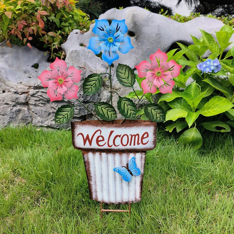 🔥Summer Hot Sale🌻Welcome Flower Pot Metal Garden Decor, Hangable & Stakeable Yard Art - Image 6