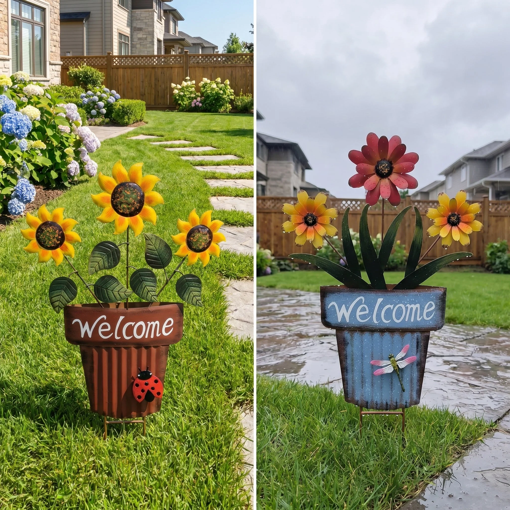 🔥Summer Hot Sale🌻Welcome Flower Pot Metal Garden Decor, Hangable & Stakeable Yard Art - Image 7
