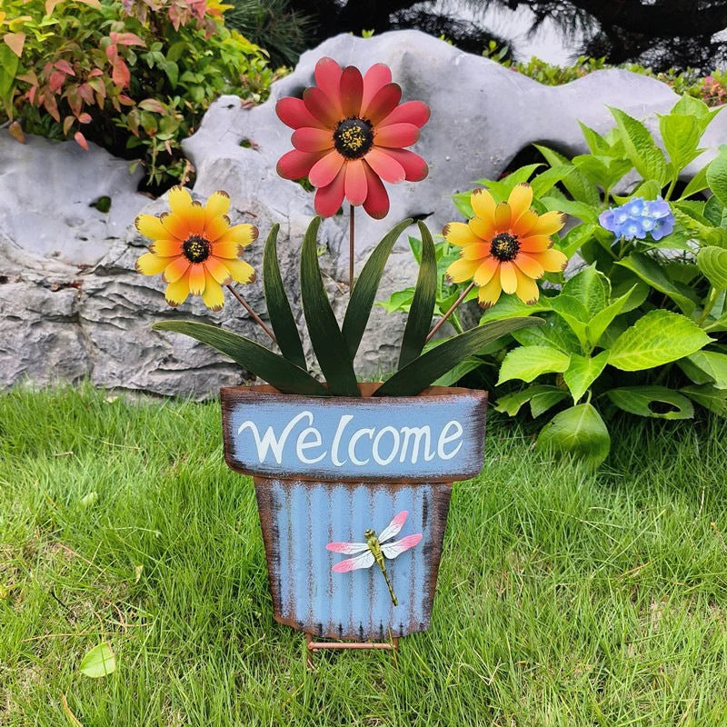 🔥Summer Hot Sale🌻Welcome Flower Pot Metal Garden Decor, Hangable & Stakeable Yard Art - Image 8