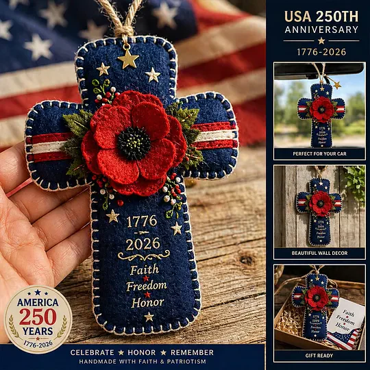 🇺🇸 1776–2026 Patriotic Poppy Cross Ornament – Faith Freedom Honor Embroidered Memorial Decor - Image 2
