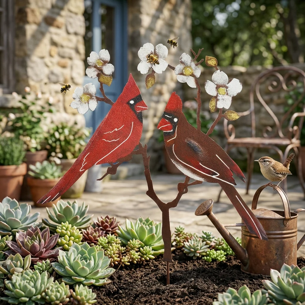 Cardinal Couple Garden Stake – Rustic Metal Bird Yard Decor - Image 3