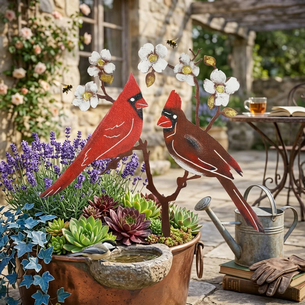 Cardinal Couple Garden Stake – Rustic Metal Bird Yard Decor - Image 5