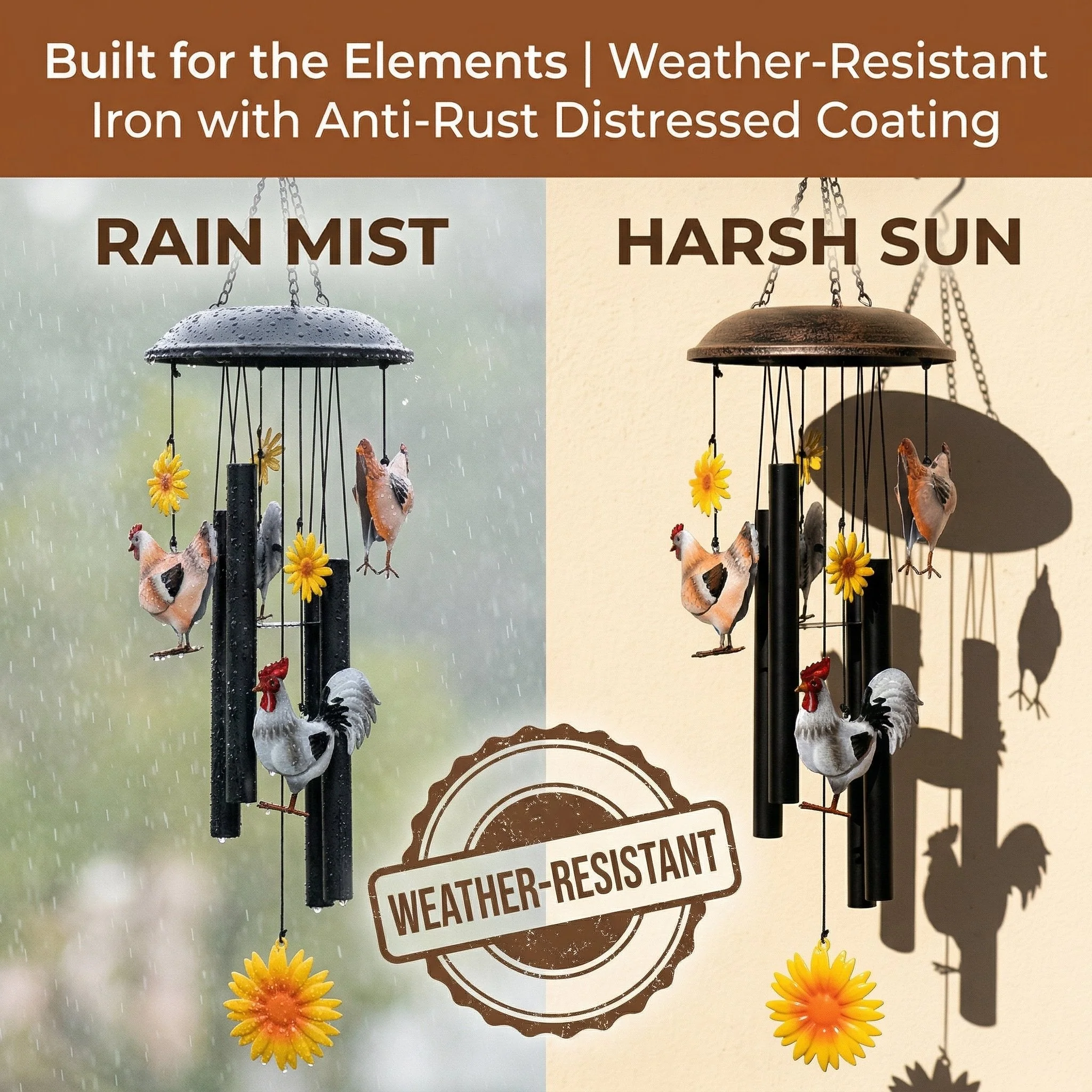 🌻🌻Vintage Metal Chicken Wind Chime with Sunflower🐔 - Image 5