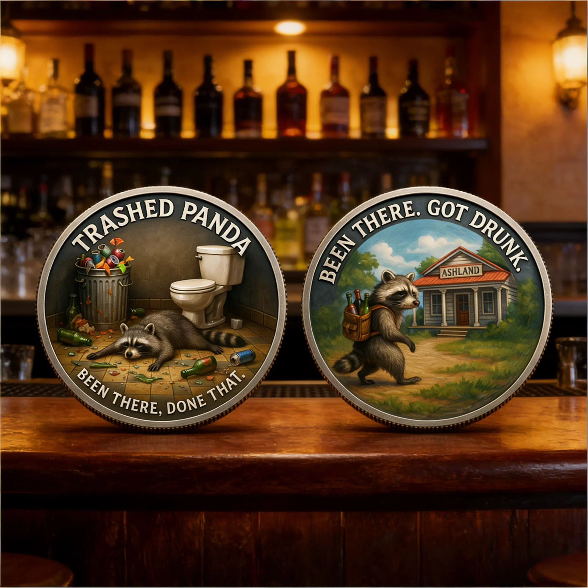 🥃🦝Funny Drunk Raccoon Challenge Coin - Image 2