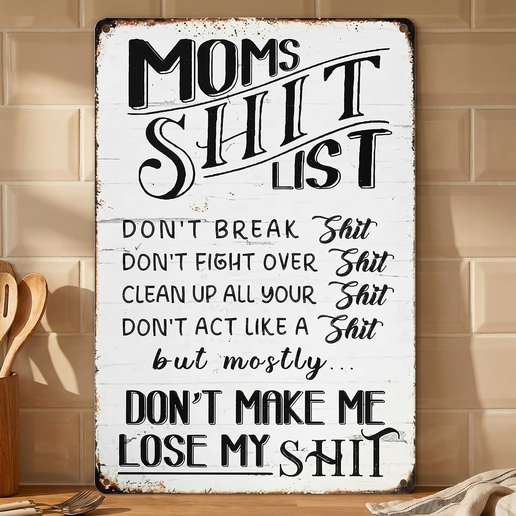 Funny Mom’s Shit List Kitchen Sign – Vintage Metal Wall Decor Gift