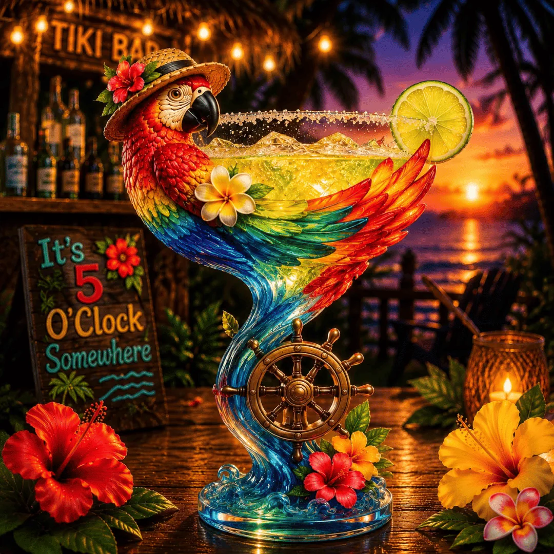 🦜🦜Parrot Paradise Margarita Glass🐢 Tropical Coastal Collector Cocktail Goblet