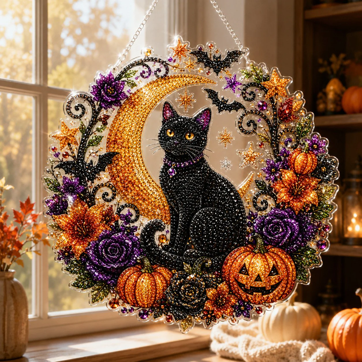 🎃🎃Black Cat Moon Diamond Art Hanging Ornament Kit – Relaxing DIY Halloween Craft 🎃💎 (📦Buy 2 Free Shipping)