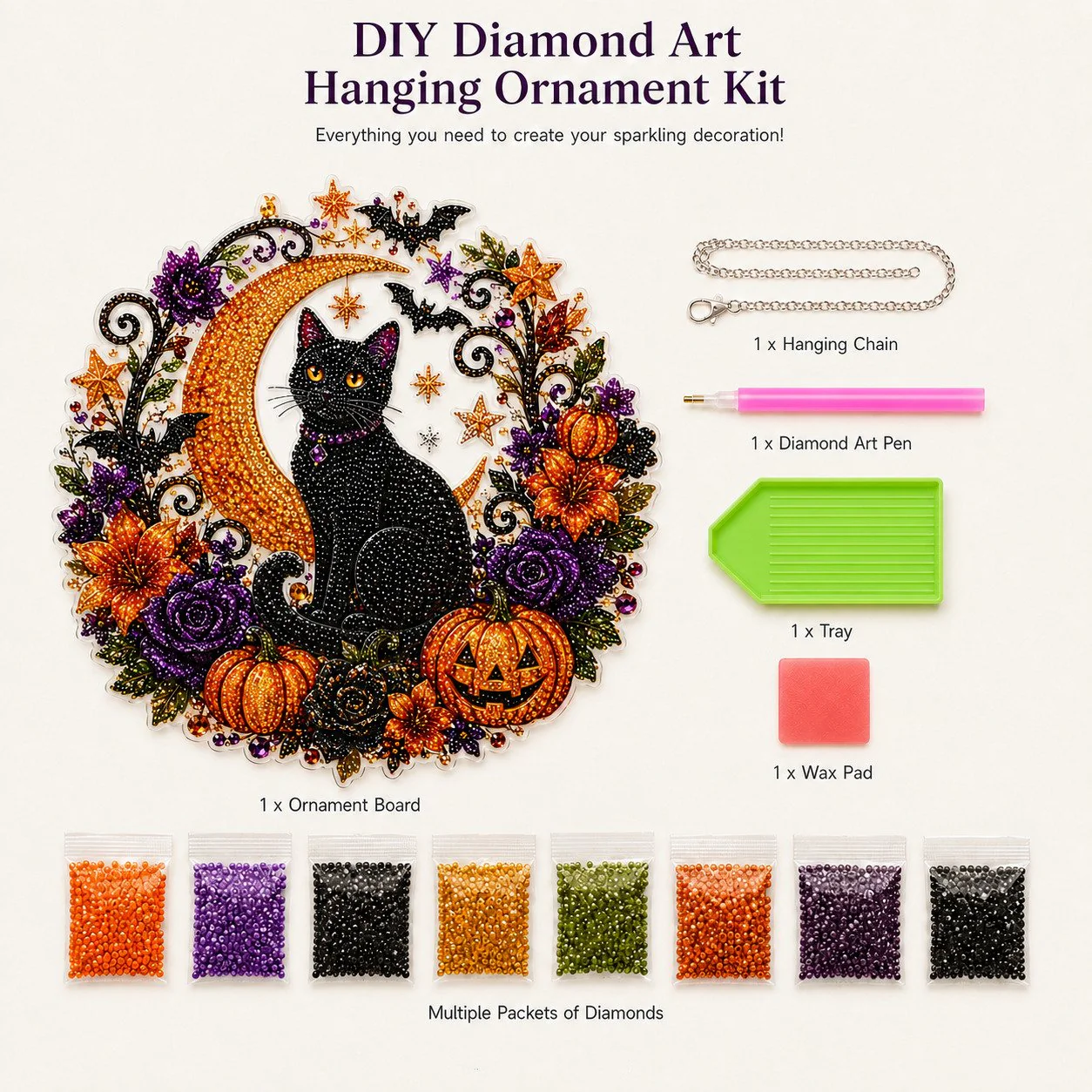 🎃🎃Black Cat Moon Diamond Art Hanging Ornament Kit – Relaxing DIY Halloween Craft 🎃💎 (📦Buy 2 Free Shipping) - Image 5
