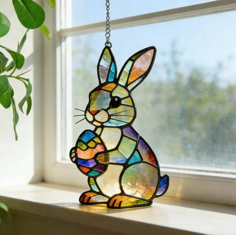 Hand-Painted Bunny Egg Suncatcher Stained Glass Easter Rabbit Ornament Birthday Gift - Image 2