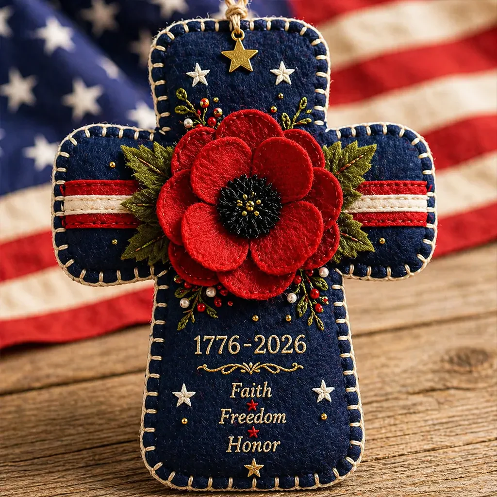 Handmade America 250 Heart Ornament – Patriotic Fabric Decor with Poppy Flower (1776–2026 Anniversary Edition) - Image 3