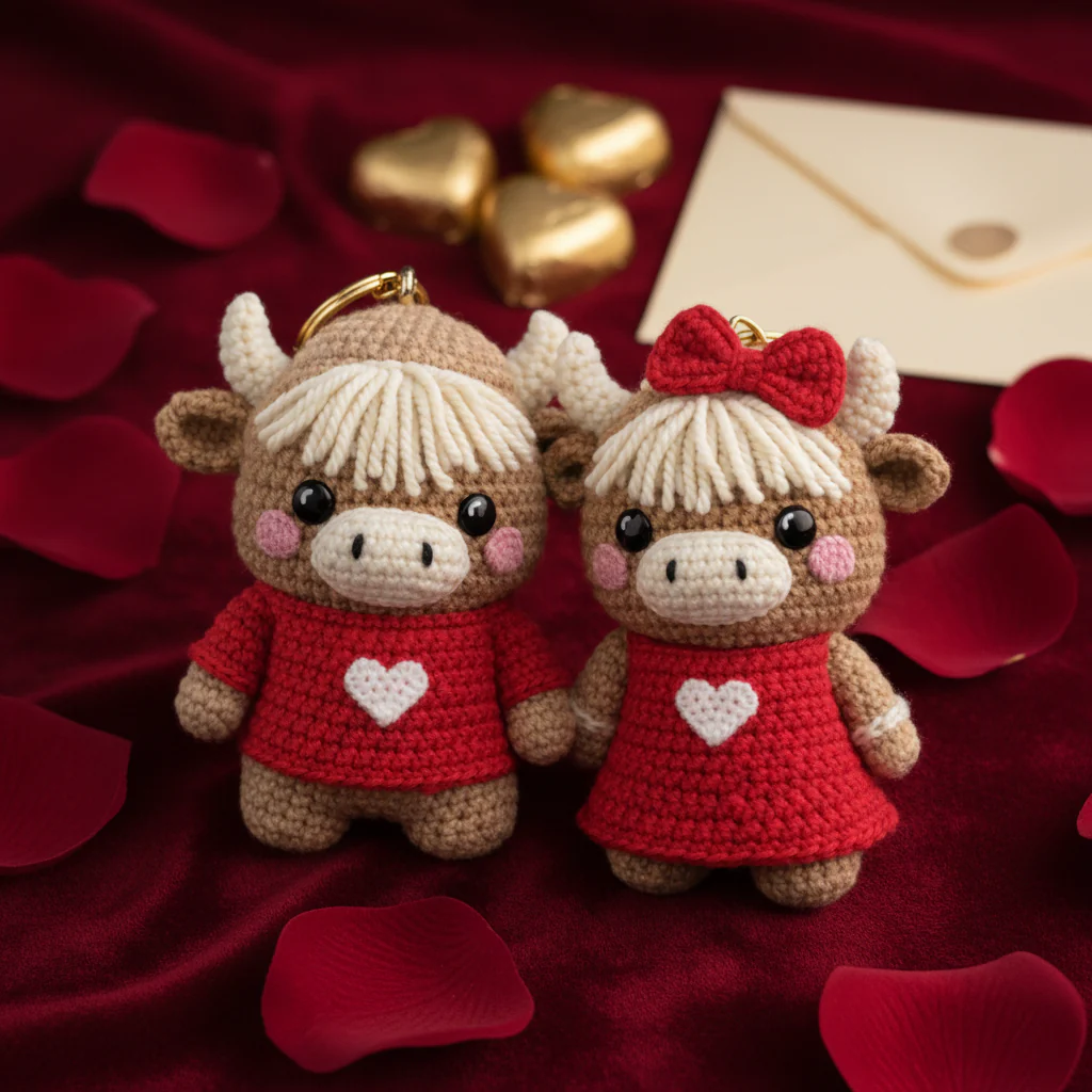Handmade Highland Cow Couple Keychains - Romantic Crochet Bag Charm - Image 2