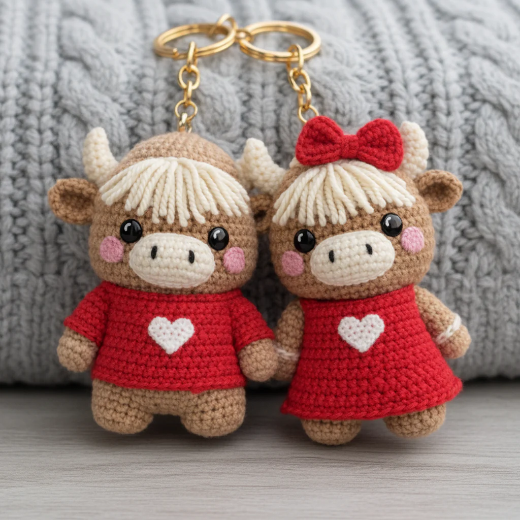 Handmade Highland Cow Couple Keychains - Romantic Crochet Bag Charm - Image 3