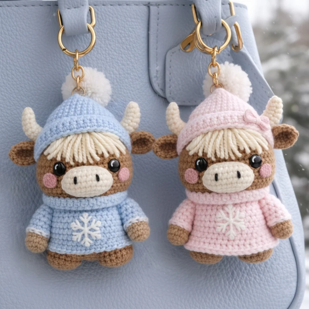 Handmade Highland Cow Couple Keychains - Romantic Crochet Bag Charm - Image 8