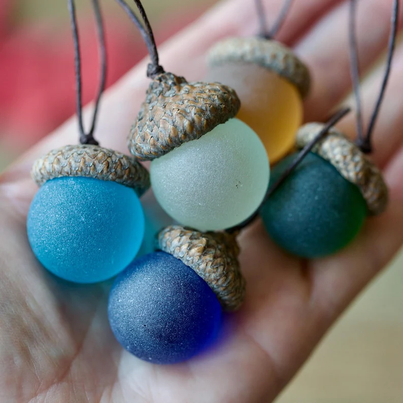 Handmade Sea Glass Acorns: NATURAL Cap Decorative Ornaments - Image 12