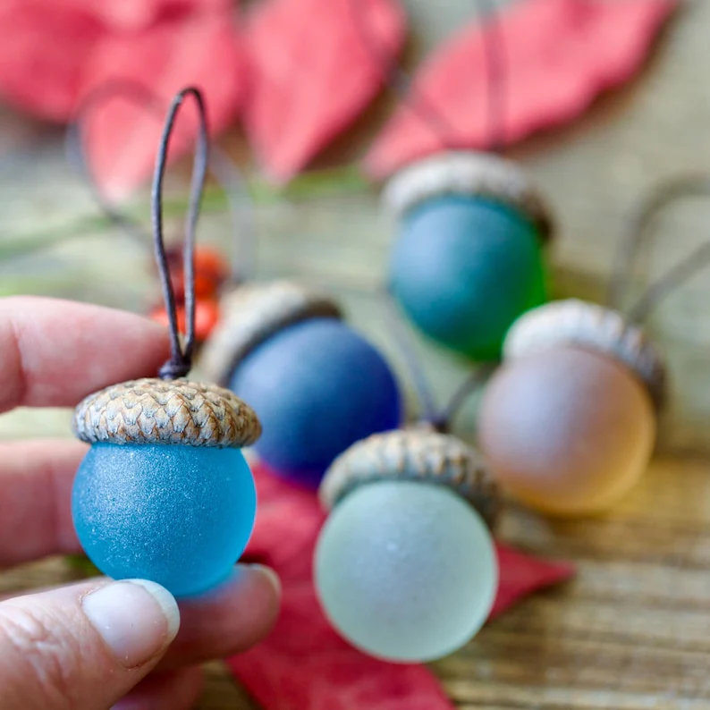 Handmade Sea Glass Acorns: NATURAL Cap Decorative Ornaments - Image 7
