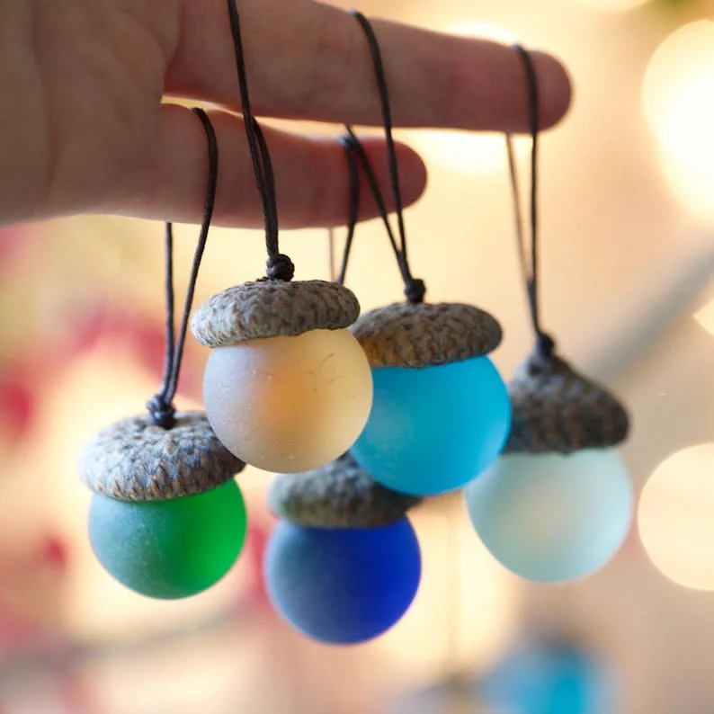 Handmade Sea Glass Acorns: NATURAL Cap Decorative Ornaments - Image 8