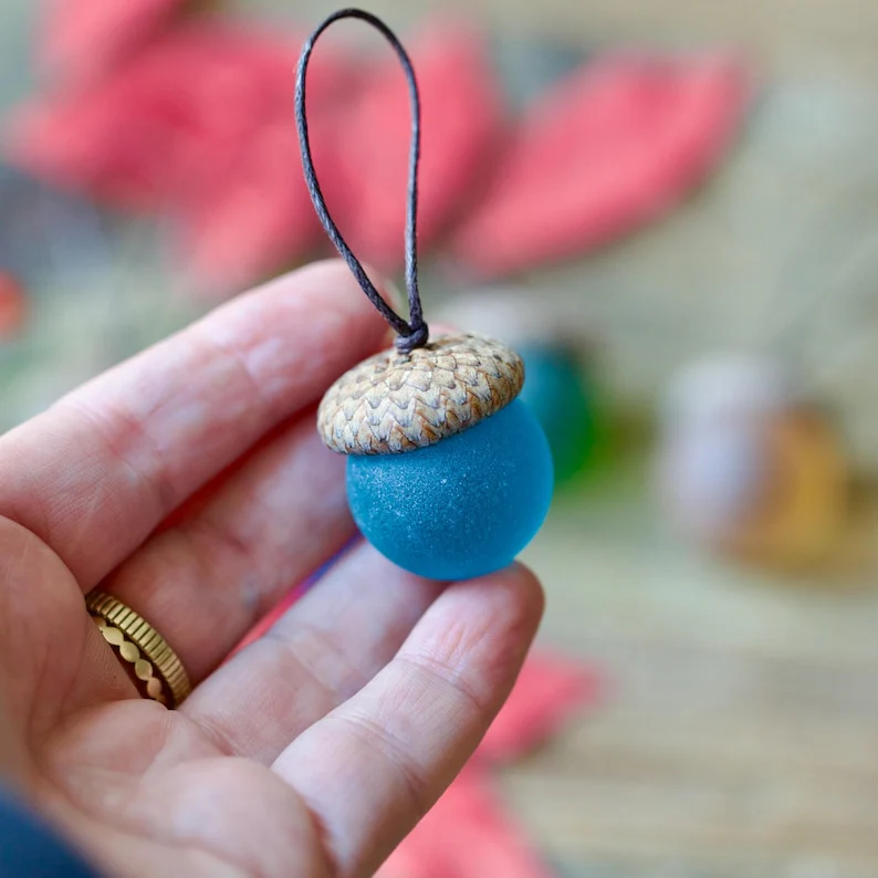 Handmade Sea Glass Acorns: NATURAL Cap Decorative Ornaments - Image 9