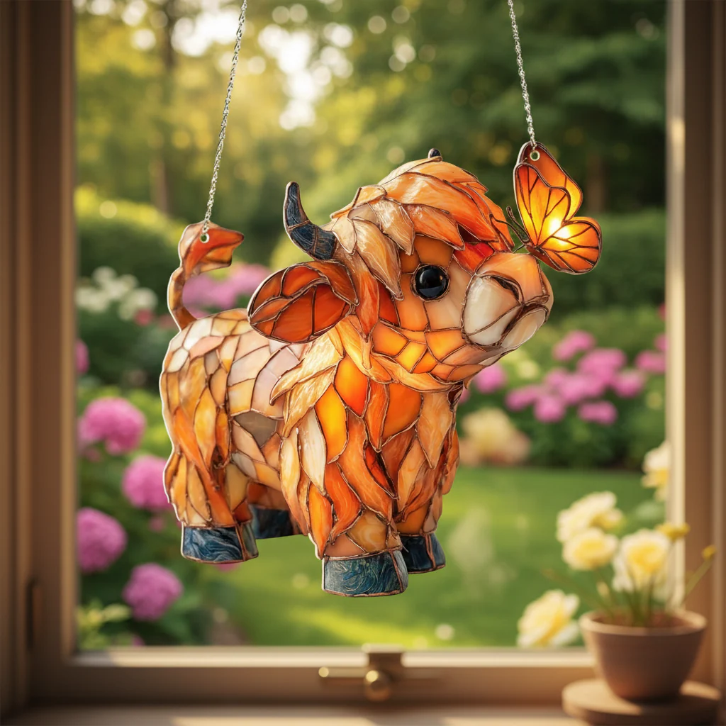 Highland Cow Butterfly Suncatcher | Stained Glass Style Window Hanging - Image 3