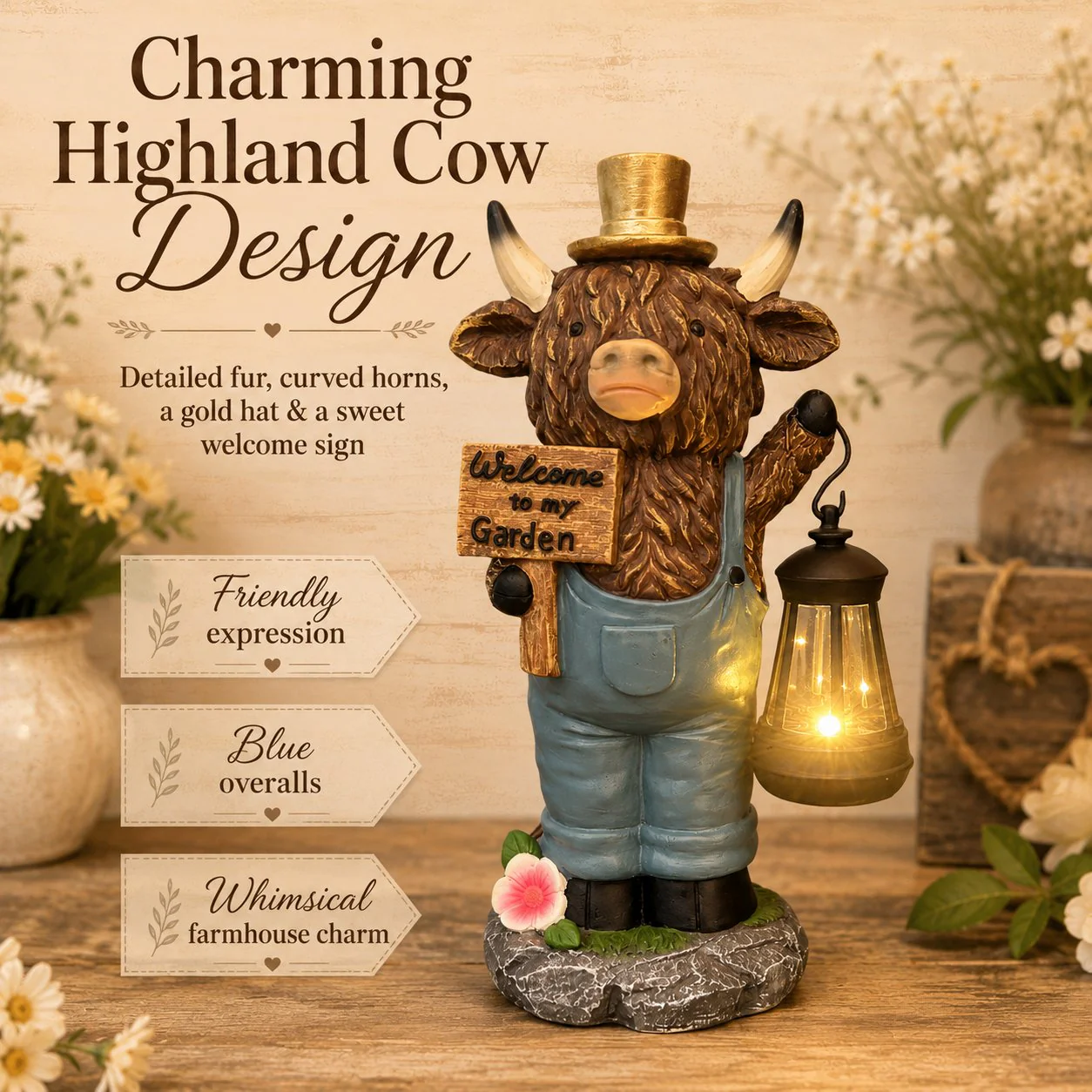 🐂🐂Handcrafted Highland Cow Solar Garden Lantern Statue - Image 2