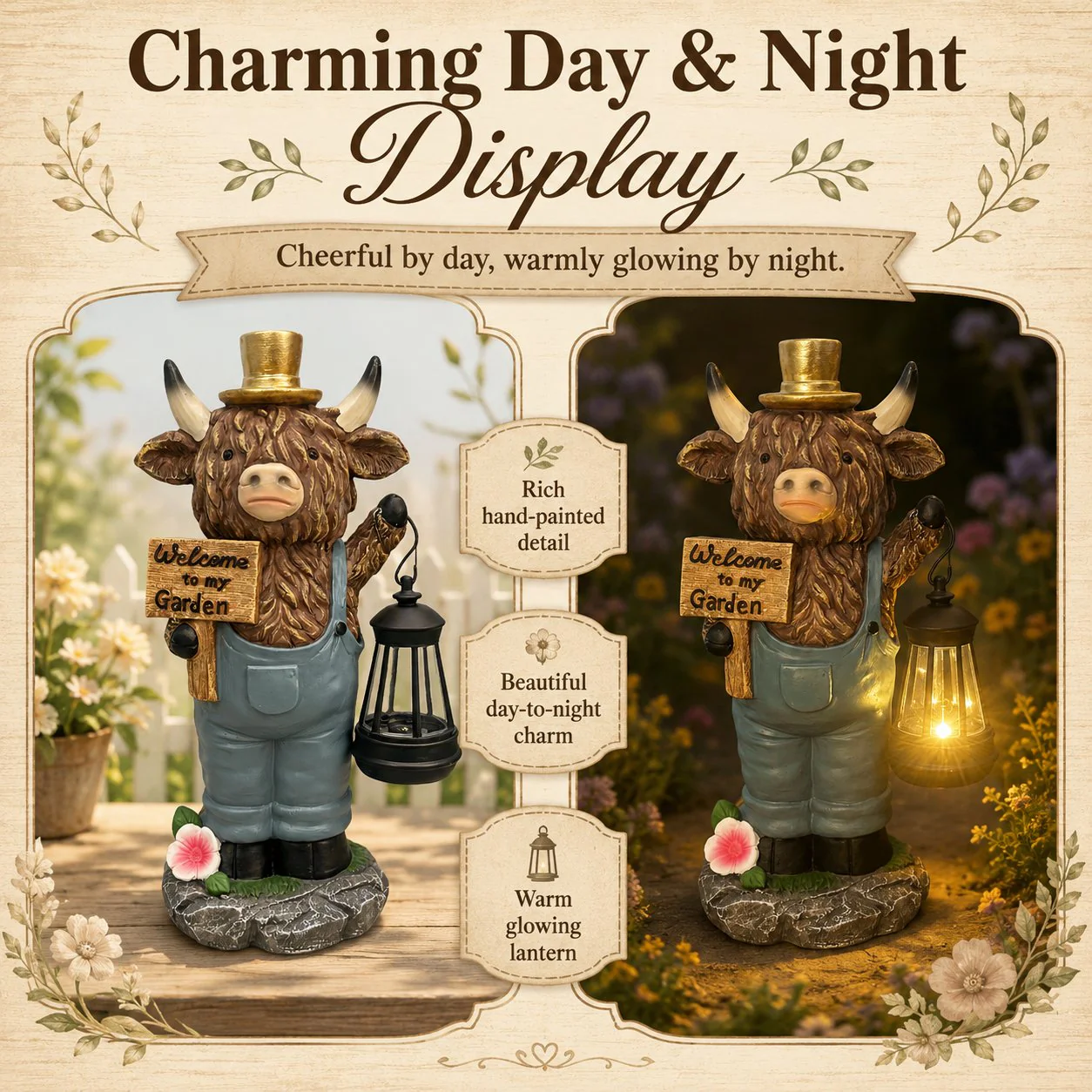 🐂Handcrafted Highland Cow Solar Garden Lantern Statue - Image 3