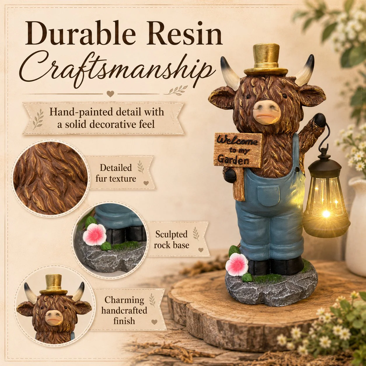 🐂Handcrafted Highland Cow Solar Garden Lantern Statue - Image 5