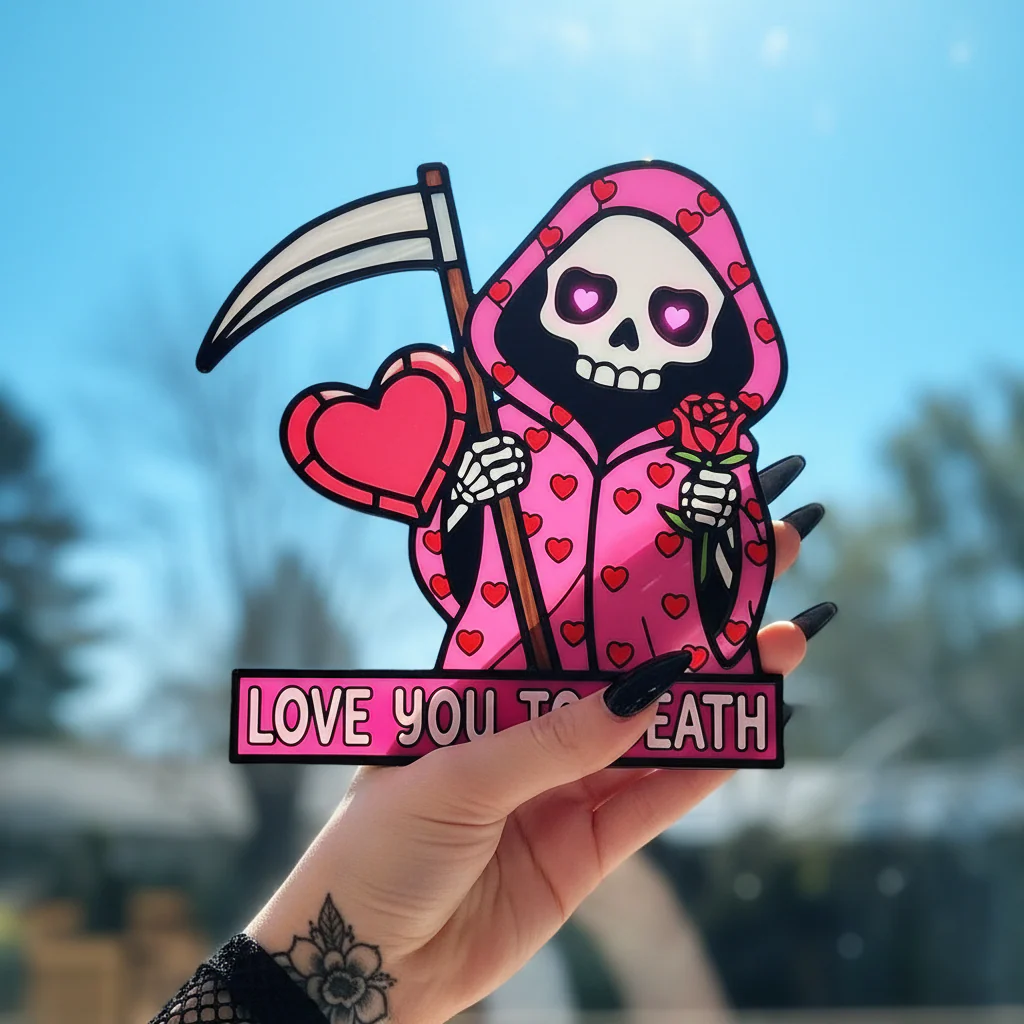 šLove You To Death Grim Reaper Window Corner Suncatcher | Pastel Goth Valentine's Decor