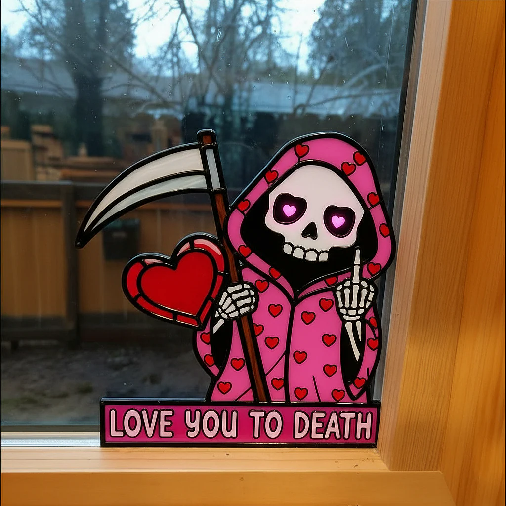 šLove You To Death Grim Reaper Window Corner Suncatcher | Pastel Goth Valentine's Decor - Image 2