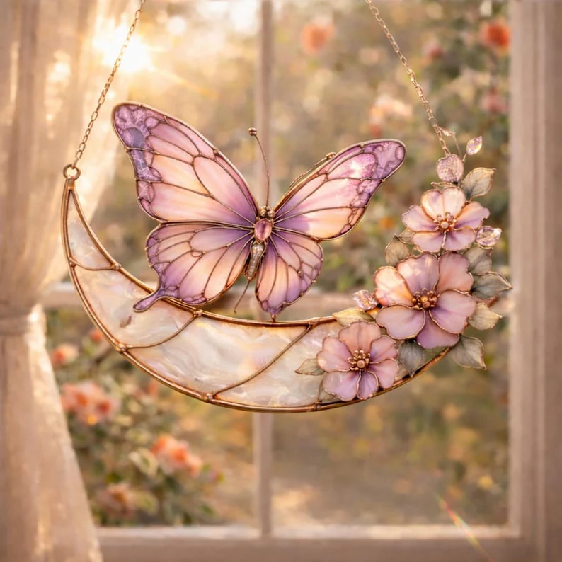 Moonlight Butterfly Stained Glass Hanging Ornament - Image 2