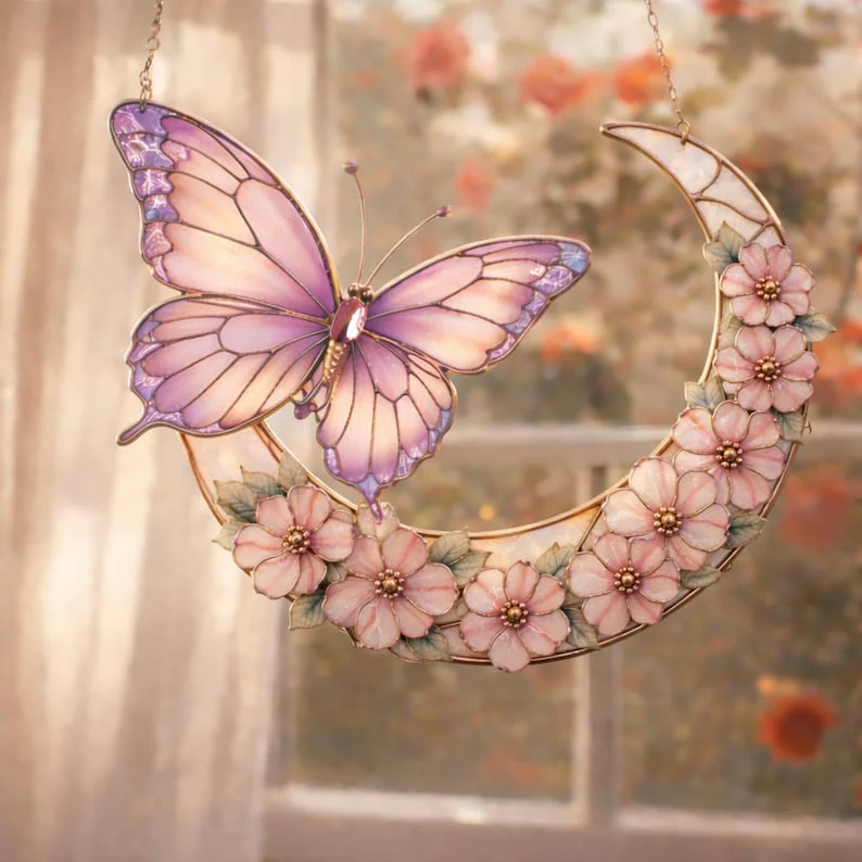 Moonlight Butterfly Stained Glass Hanging Ornament - Image 3