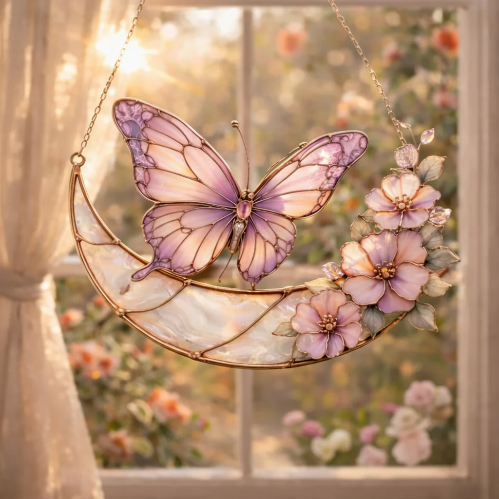 Moonlight Butterfly Stained Glass Hanging Ornament - Image 5