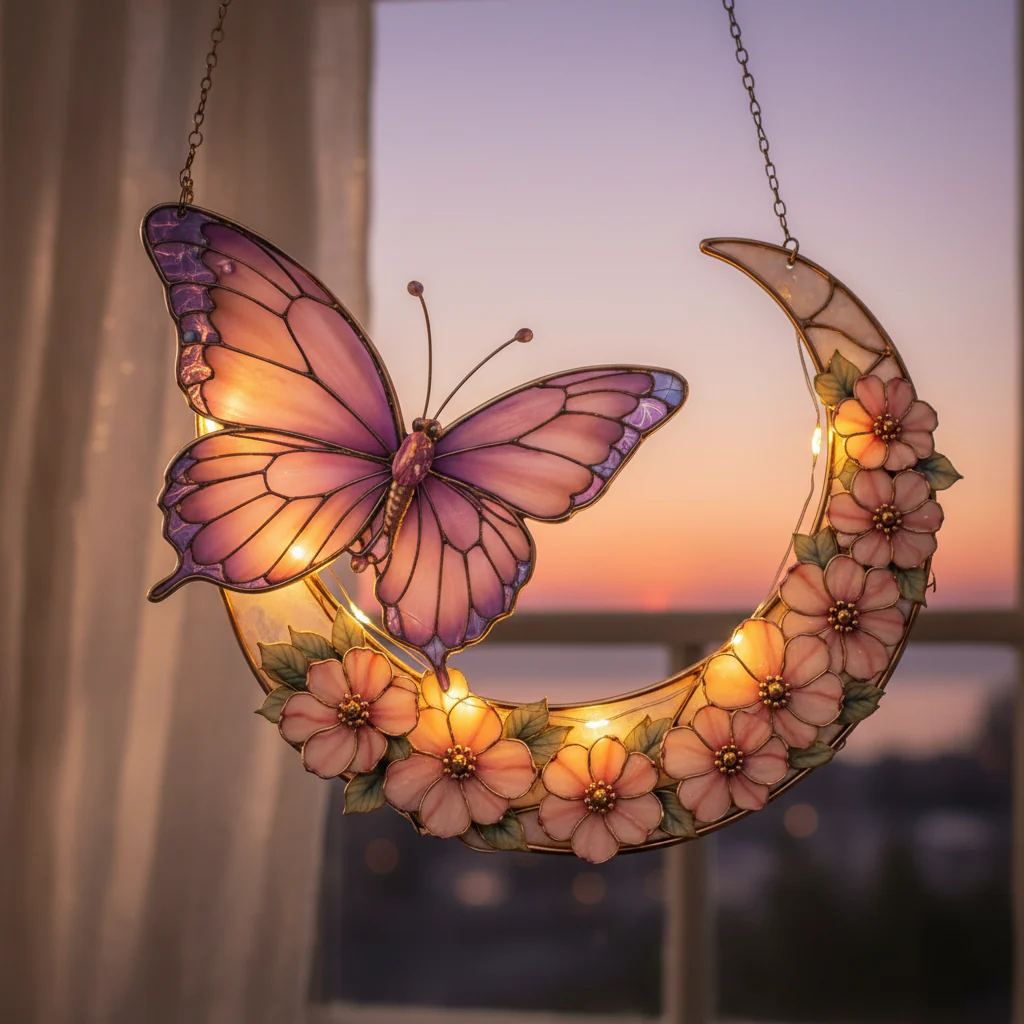 Moonlight Butterfly Stained Glass Hanging Ornament - Image 7