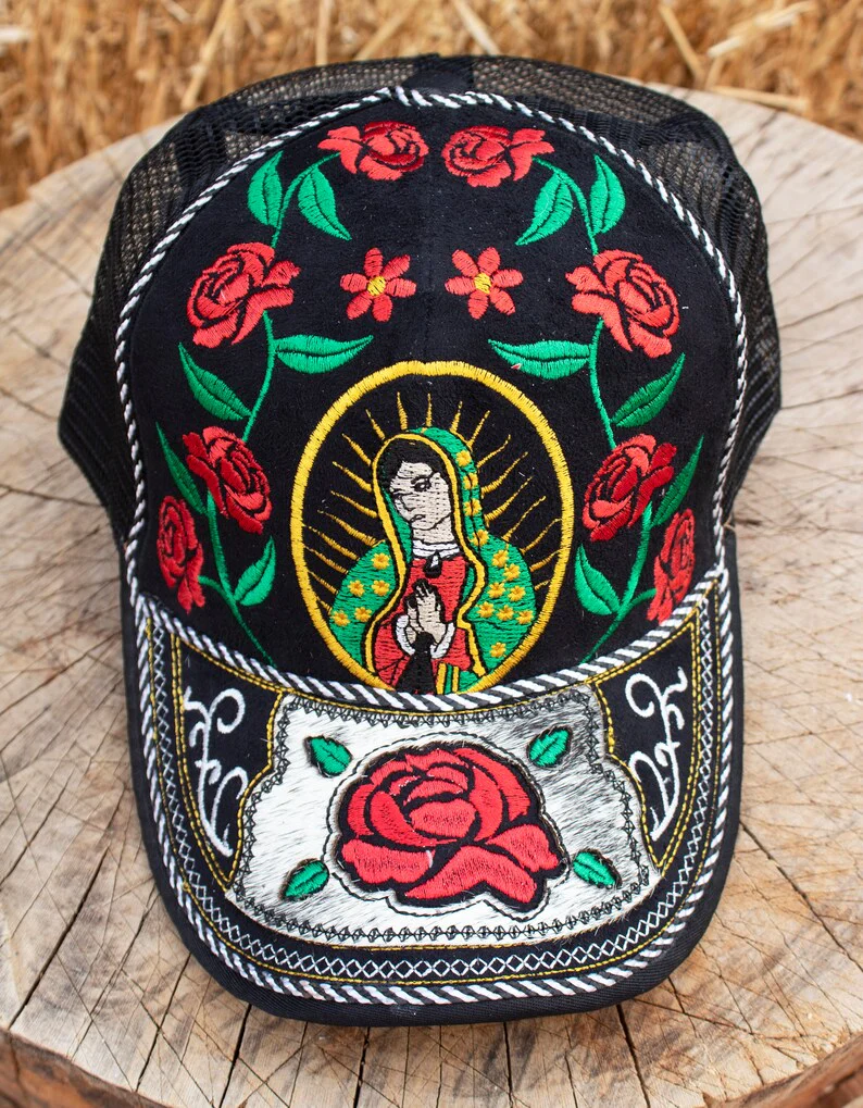 Our Lady of Guadalupe Embroidered Trucker Hat – Mexican Floral Art Snapback - Image 2