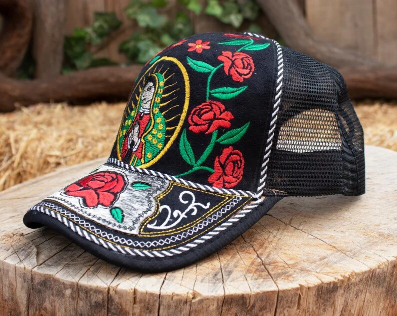 Our Lady of Guadalupe Embroidered Trucker Hat – Mexican Floral Art Snapback - Image 3