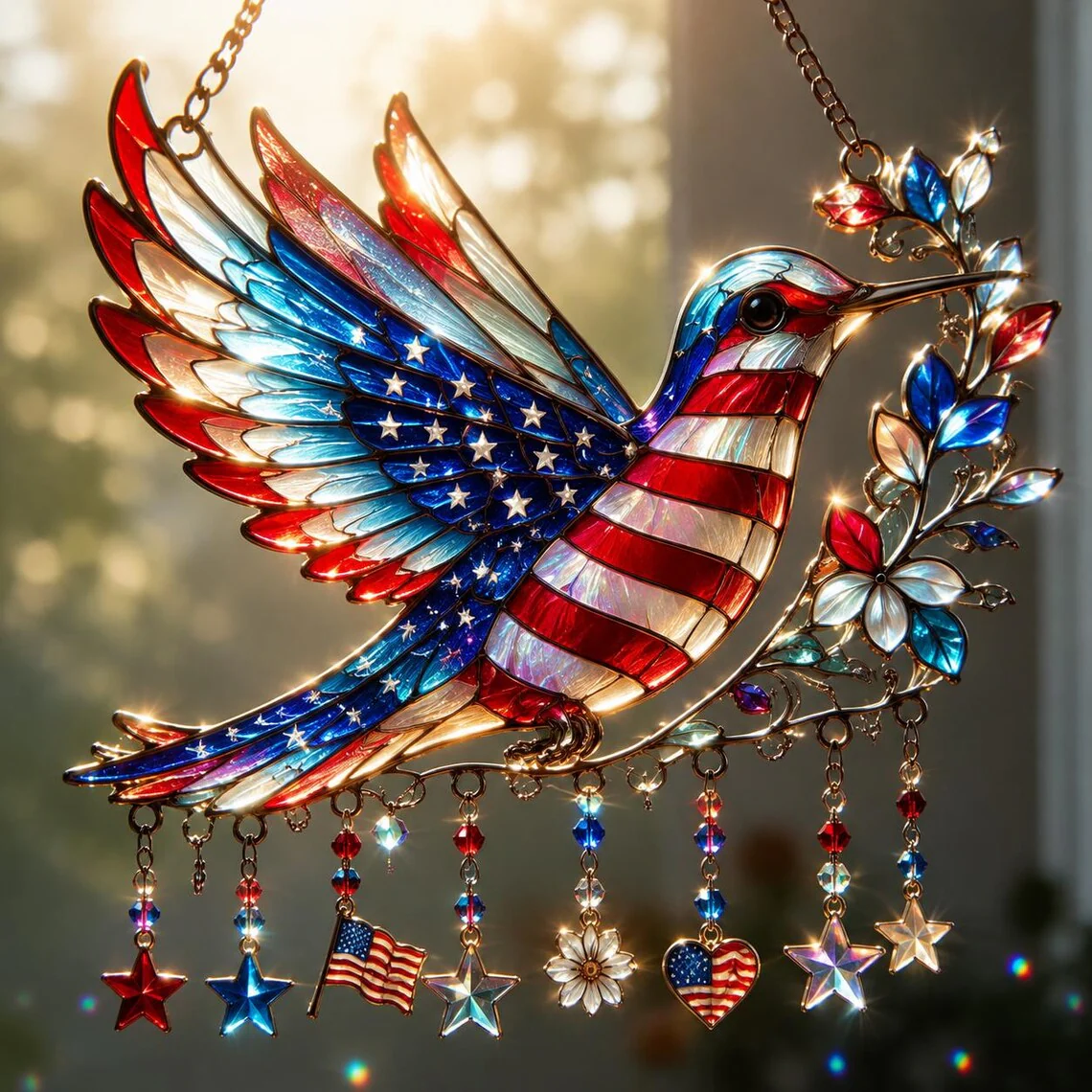 🐦🐦Patriotic Hummingbird   - Suncatcher With Charm - 250th Anniversary Gift - Image 3