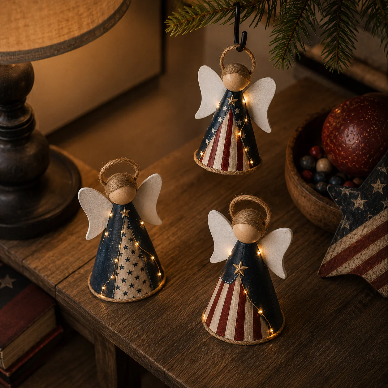 😇😇Rustic Red, White & Blue Angel Ornament with Warm LED Lights -3Pcs - Image 4