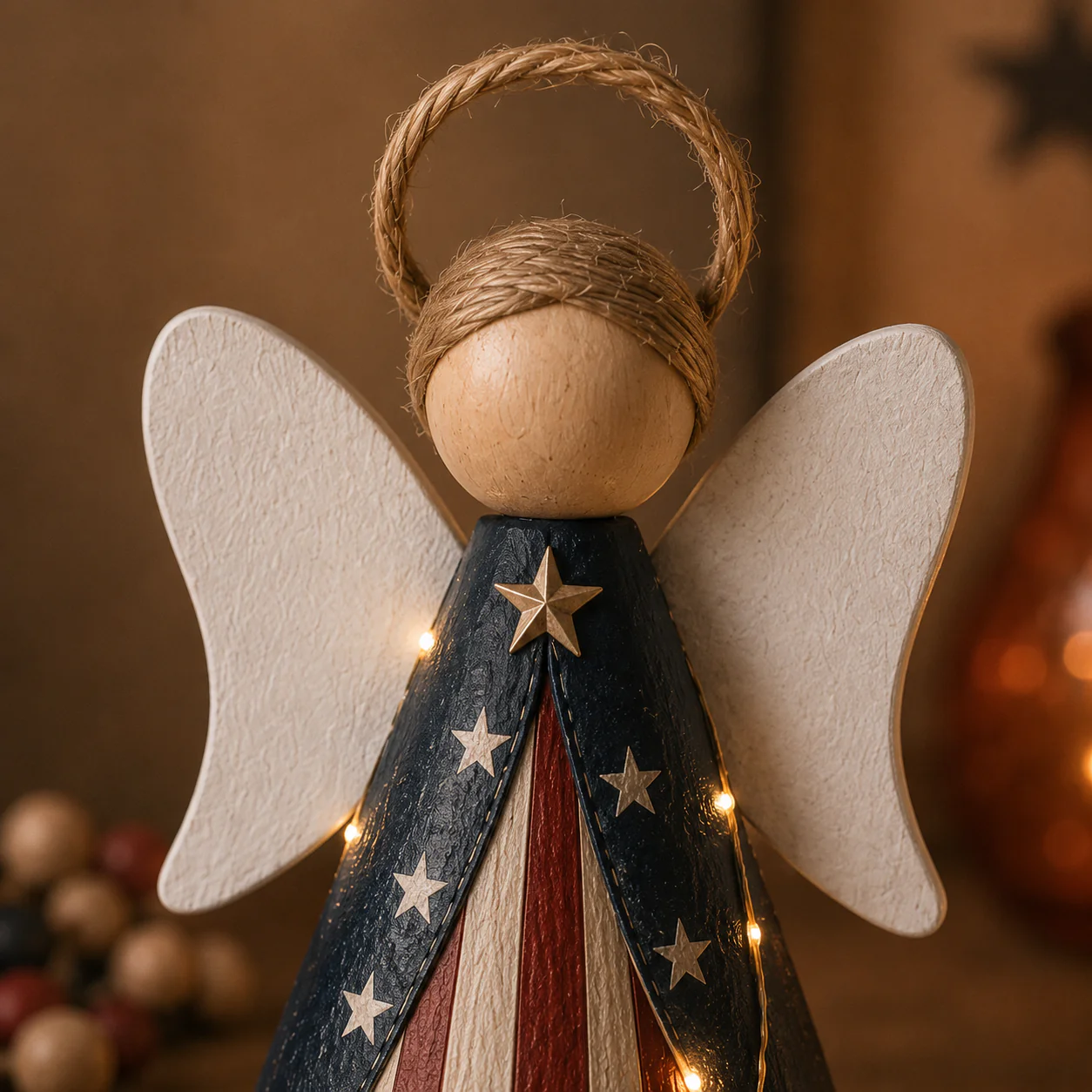 😇😇Rustic Red, White & Blue Angel Ornament with Warm LED Lights -3Pcs - Image 5