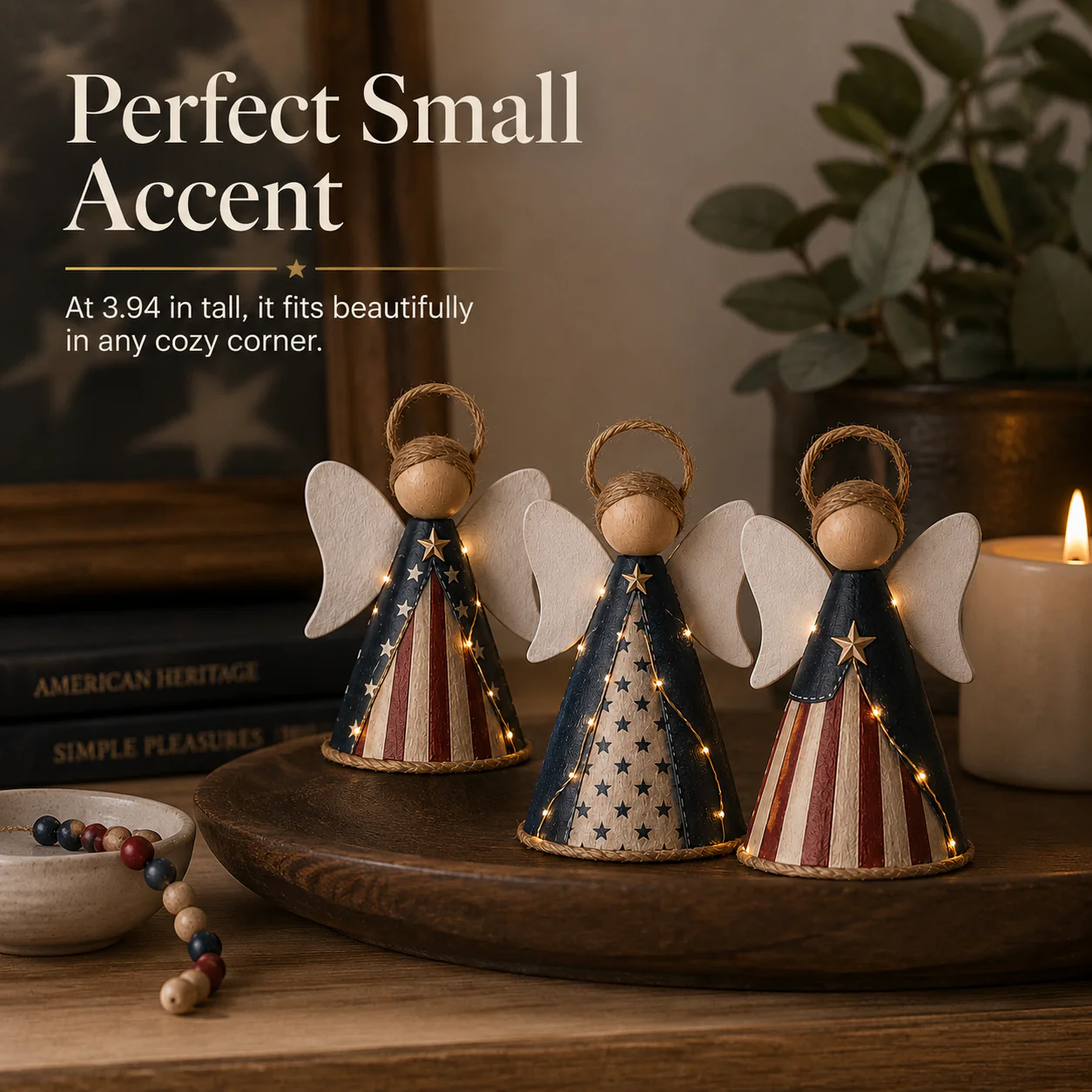 😇😇Rustic Red, White & Blue Angel Ornament with Warm LED Lights -3Pcs - Image 8