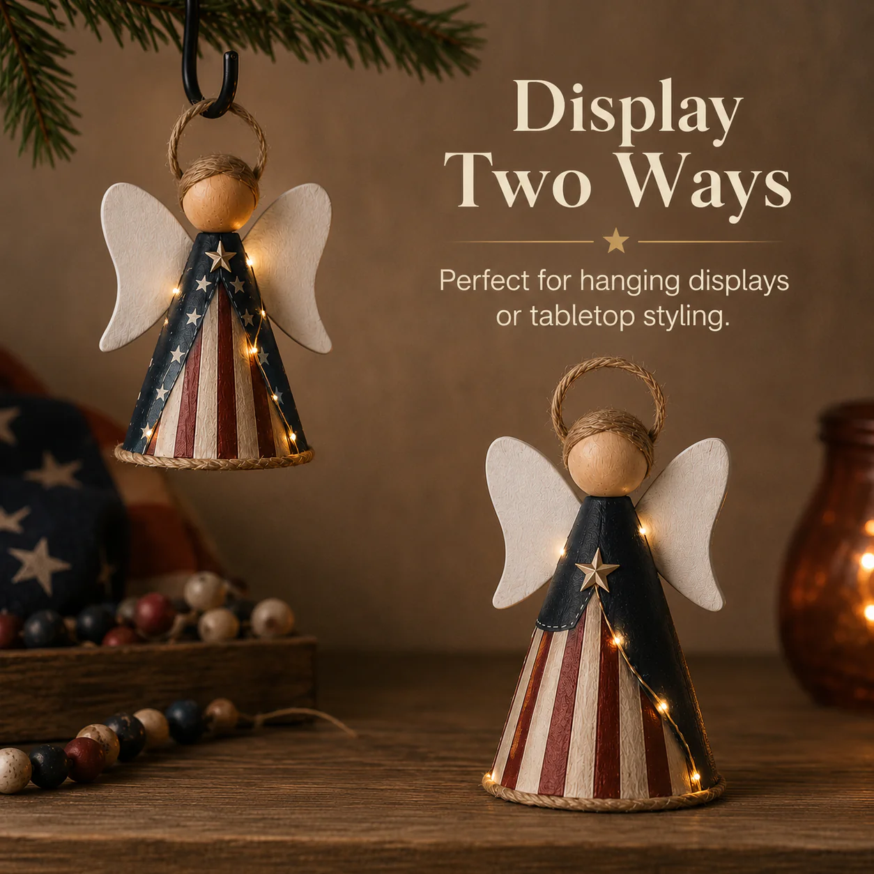 😇😇Rustic Red, White & Blue Angel Ornament with Warm LED Lights -3Pcs - Image 9
