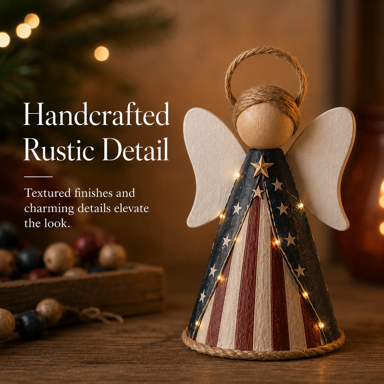 😇Rustic Red, White & Blue Angel Ornament with Warm LED Lights -3Pcs - Image 10