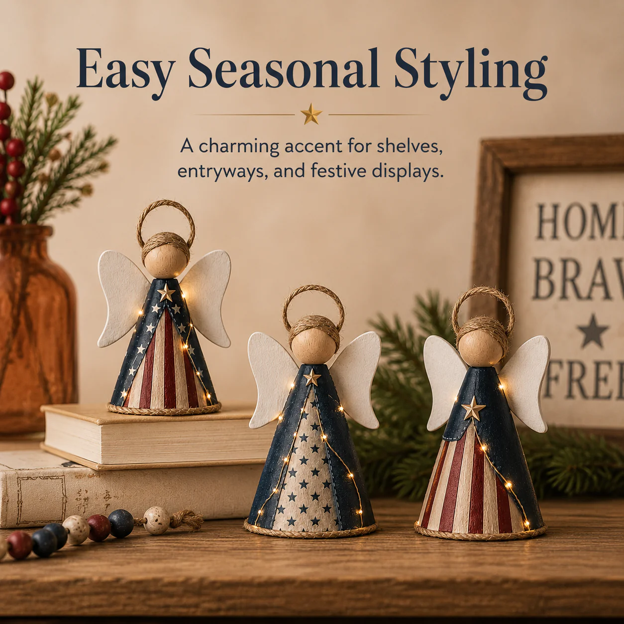 😇Rustic Red, White & Blue Angel Ornament with Warm LED Lights -3Pcs - Image 12