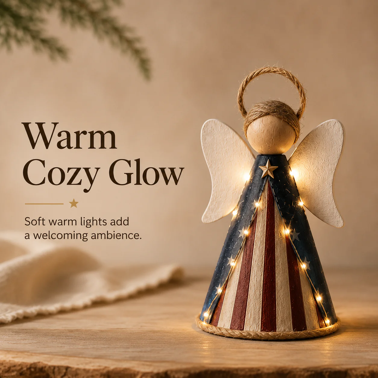 😇Rustic Red, White & Blue Angel Ornament with Warm LED Lights -3Pcs - Image 13