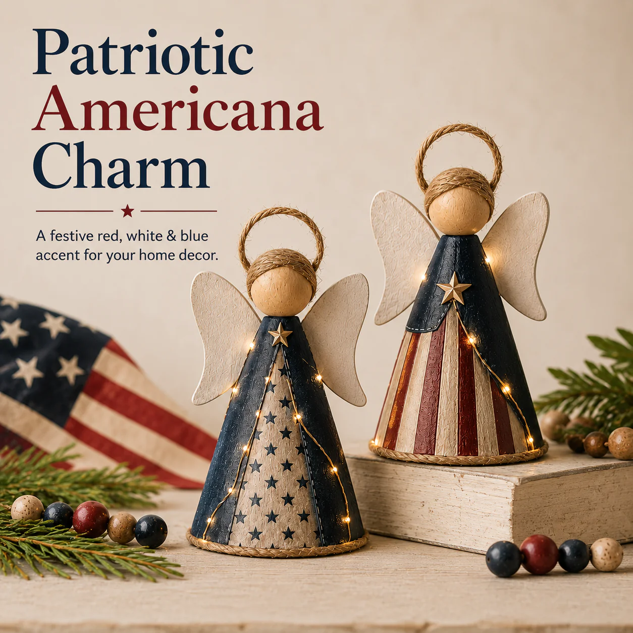 😇Rustic Red, White & Blue Angel Ornament with Warm LED Lights -3Pcs - Image 14