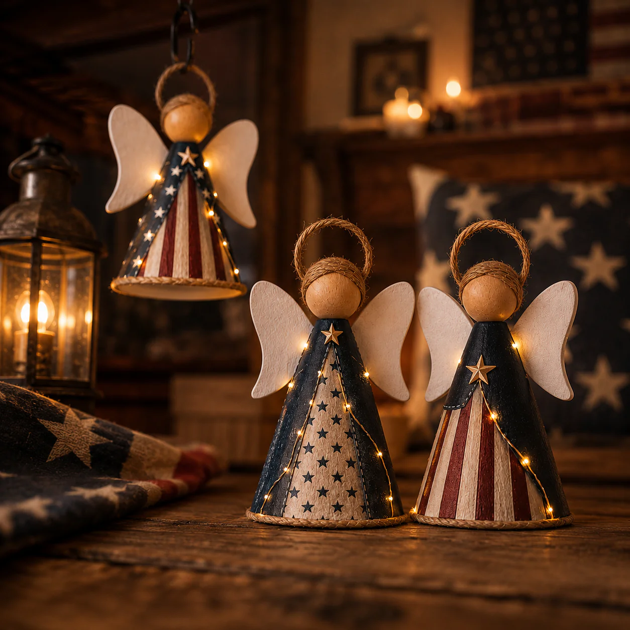 😇Rustic Red, White & Blue Angel Ornament with Warm LED Lights -3Pcs - Image 2